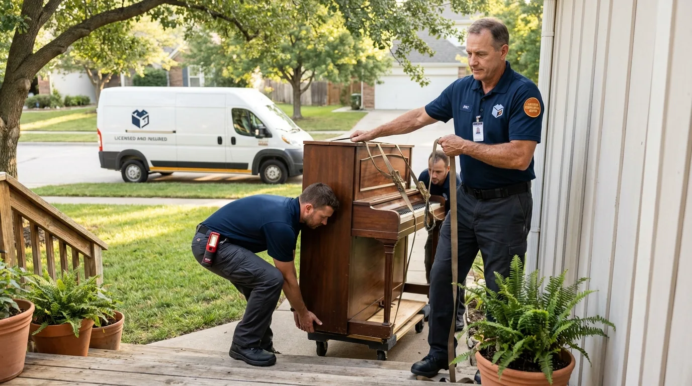 Licensed piano movers securing grand piano in Franklin, LA