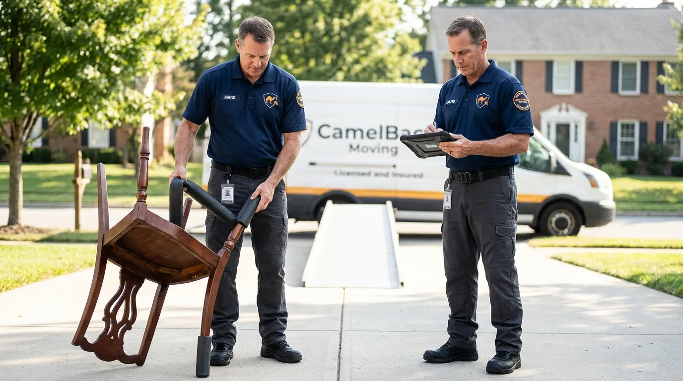 Movers inspecting furniture for damage prevention before loading in Franklin, LA
