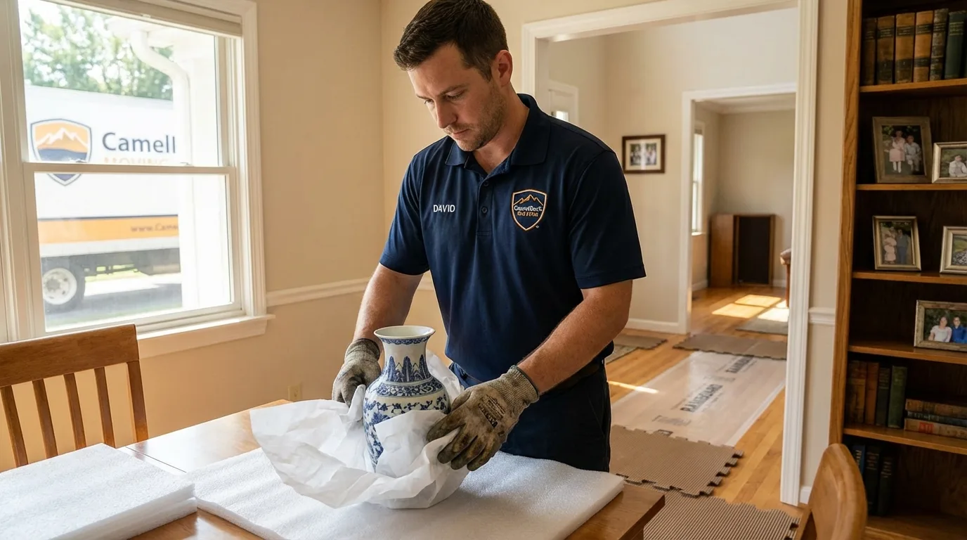 Professional crew carefully wrapping antique vase for senior downsizing move in Franklin, LA